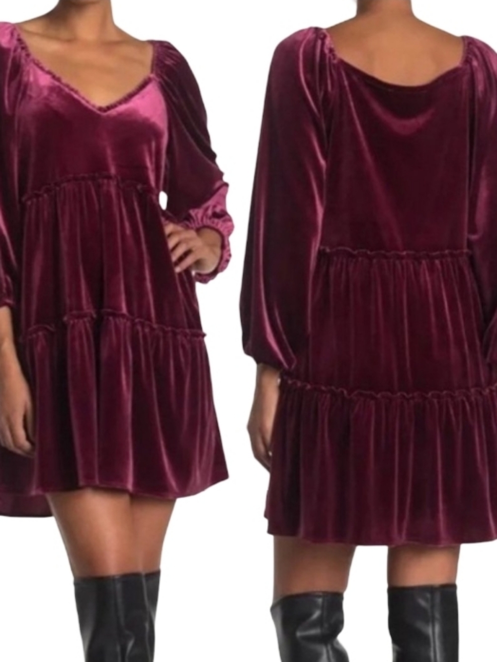 Betsey Johnson Velvet Tiered Babydoll Dress In Burgundy - Picture 15 of 16